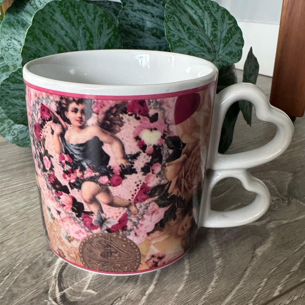 Laura Secord Valentines Heart Handle Mug Angel Cherub Victorian Design - Pink